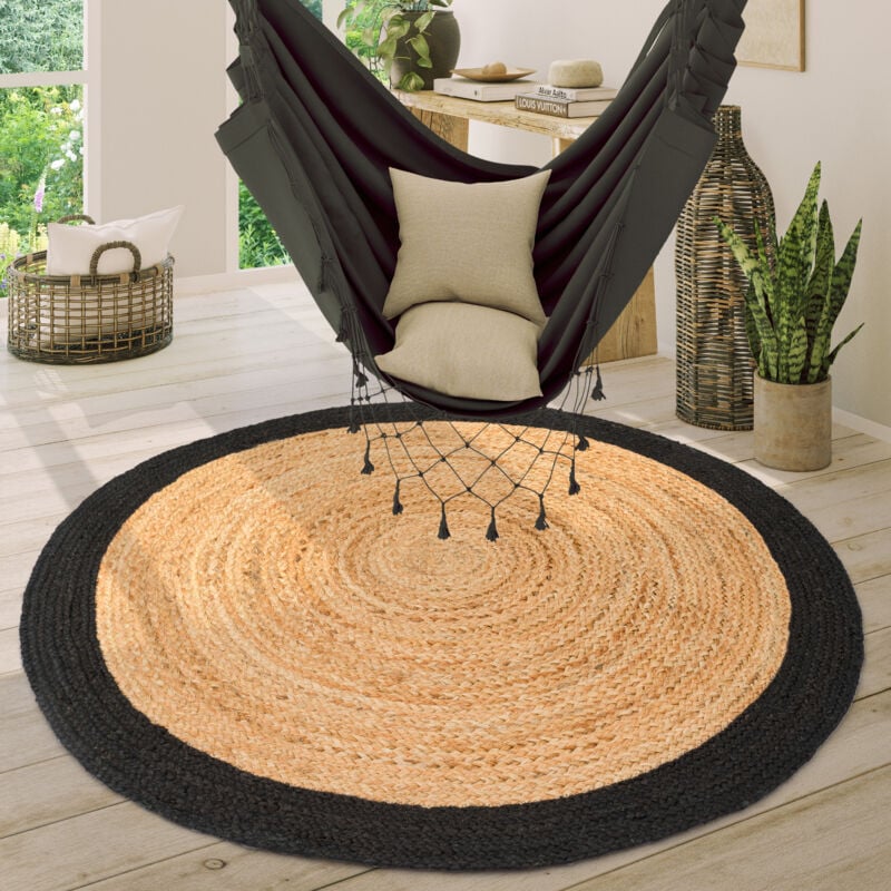 foto del prodotto tappeto salotto rotondo iuta motivo boho etnico moderno fatto a mano naturale nero, 100 cm tondo paco home