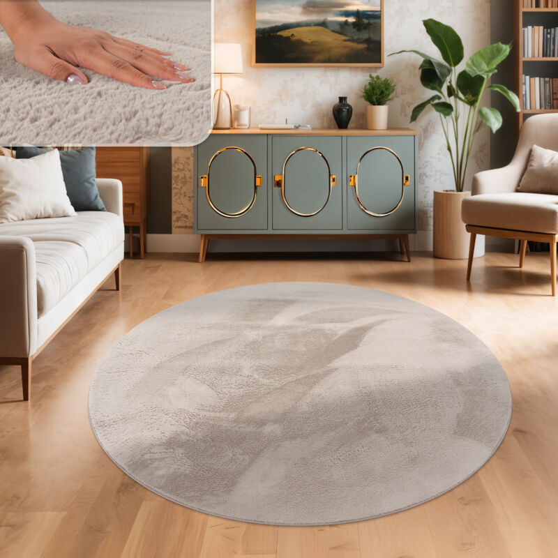 foto del prodotto tappeto salotto soggiorno pelo lungo lavabile in lavatrice morbido peloso beige 100 cm tondo paco home