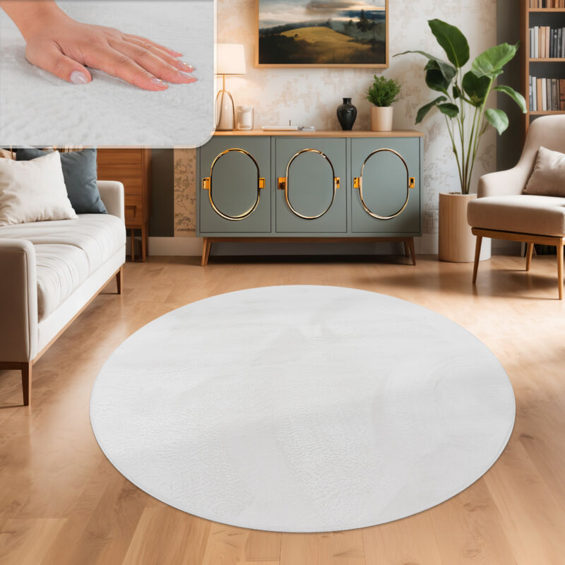 foto del prodotto tappeto salotto soggiorno pelo lungo lavabile in lavatrice morbido peloso bianco 80 cm tondo paco home