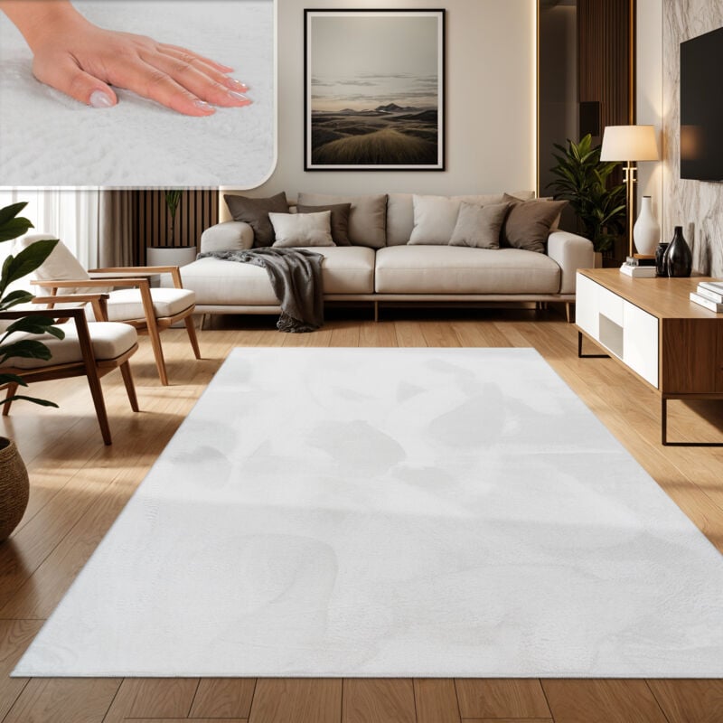 foto del prodotto tappeto salotto soggiorno pelo lungo lavabile in lavatrice morbido peloso bianco 80x150 cm paco home