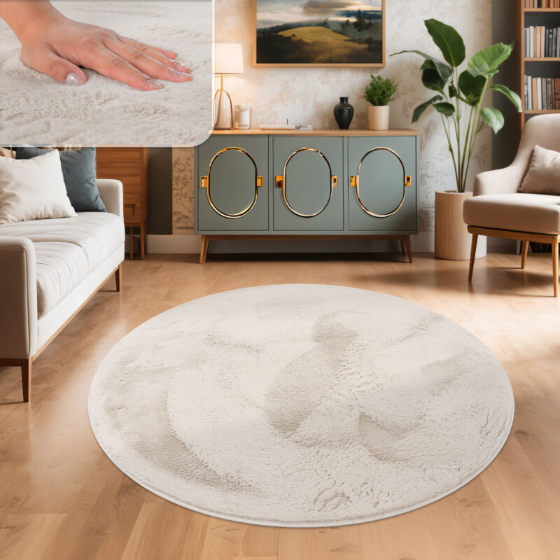 foto del prodotto tappeto salotto soggiorno pelo lungo lavabile in lavatrice morbido peloso crema 80 cm tondo paco home