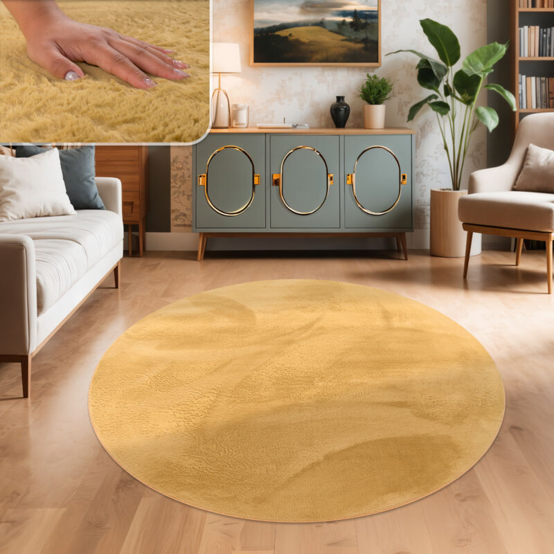 foto del prodotto tappeto salotto soggiorno pelo lungo lavabile in lavatrice morbido peloso giallo 120 cm tondo paco home