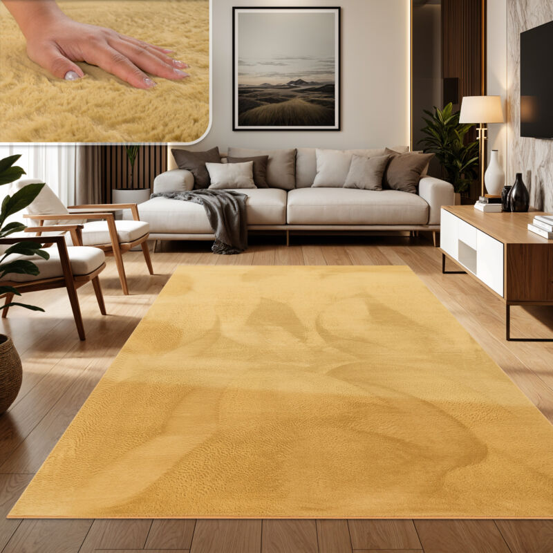 foto del prodotto tappeto salotto soggiorno pelo lungo lavabile in lavatrice morbido peloso giallo 240x340 cm paco home