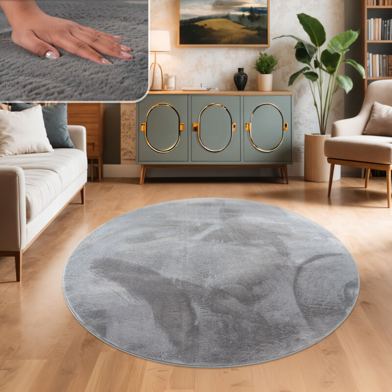 foto del prodotto tappeto salotto soggiorno pelo lungo lavabile in lavatrice morbido peloso grigio 100 cm tondo paco home