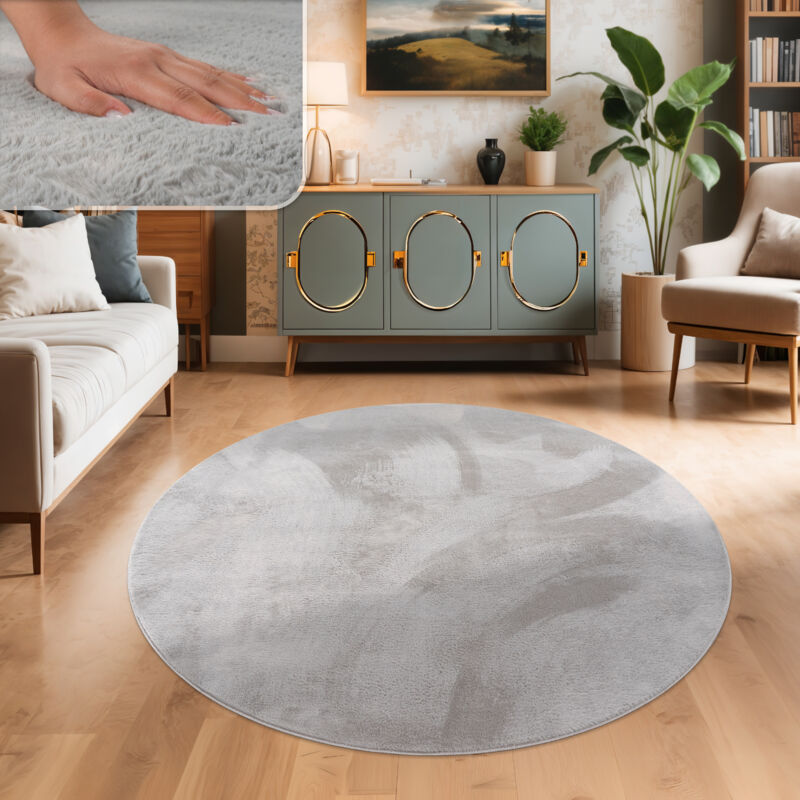 foto del prodotto tappeto salotto soggiorno pelo lungo lavabile in lavatrice morbido peloso grigio 120 cm tondo paco home