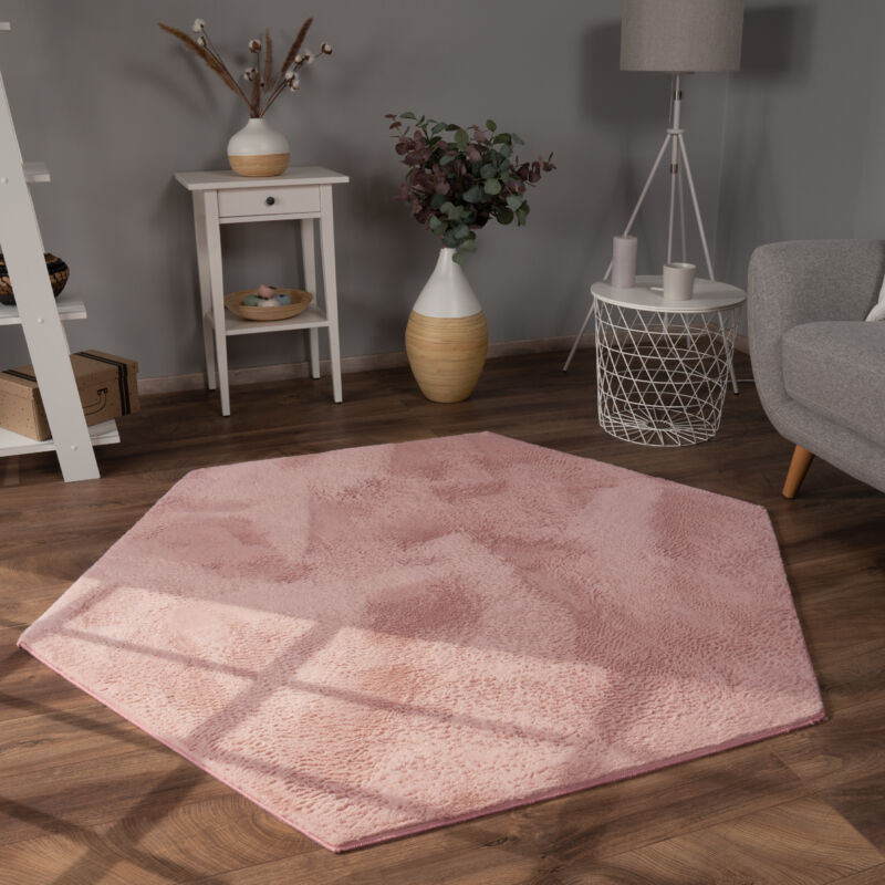 foto del prodotto tappeto salotto soggiorno pelo lungo lavabile in lavatrice morbido peloso rosa 150x170 cm esagonale paco home