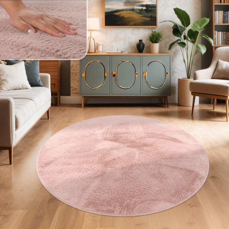 foto del prodotto tappeto salotto soggiorno pelo lungo lavabile in lavatrice morbido peloso rosa 160 cm tondo paco home