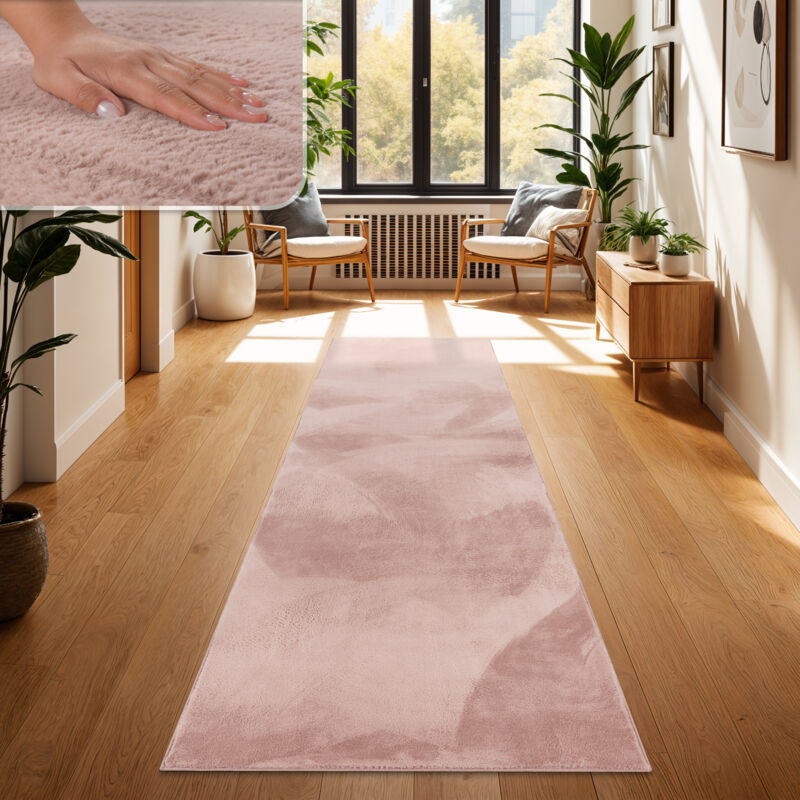 foto del prodotto tappeto salotto soggiorno pelo lungo lavabile in lavatrice morbido peloso rosa 80x300 cm paco home