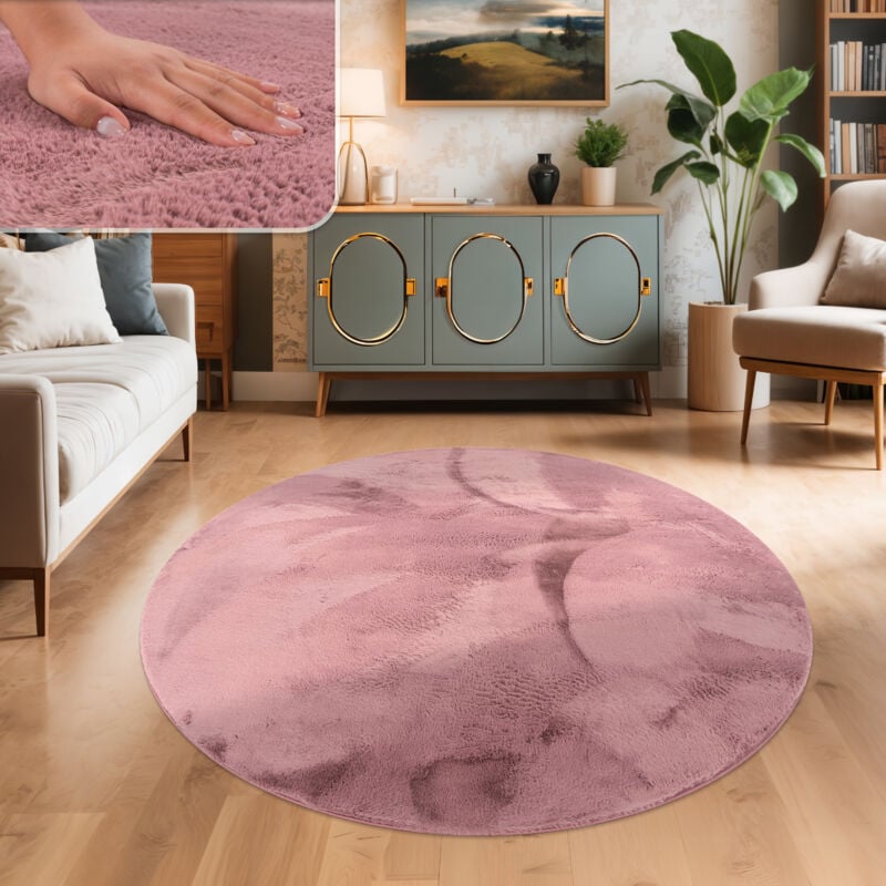 foto del prodotto tappeto salotto soggiorno pelo lungo lavabile in lavatrice morbido peloso rosa malva 100 cm tondo paco home