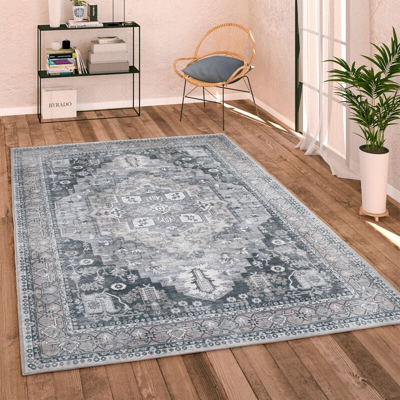 foto del prodotto tappeto salotto soggiorno tessuto liscio vintage persiano motivo bordura lavabile 120x160 cm, grigio 2 paco home
