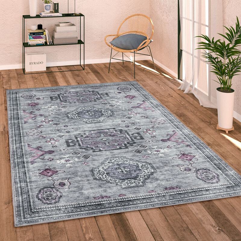 foto del prodotto tappeto salotto soggiorno tessuto liscio vintage persiano motivo bordura lavabile grigio, 160 cm tondo paco home