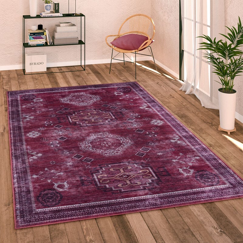 foto del prodotto tappeto salotto soggiorno tessuto liscio vintage persiano motivo bordura lavabile rosso, 160 cm tondo paco home