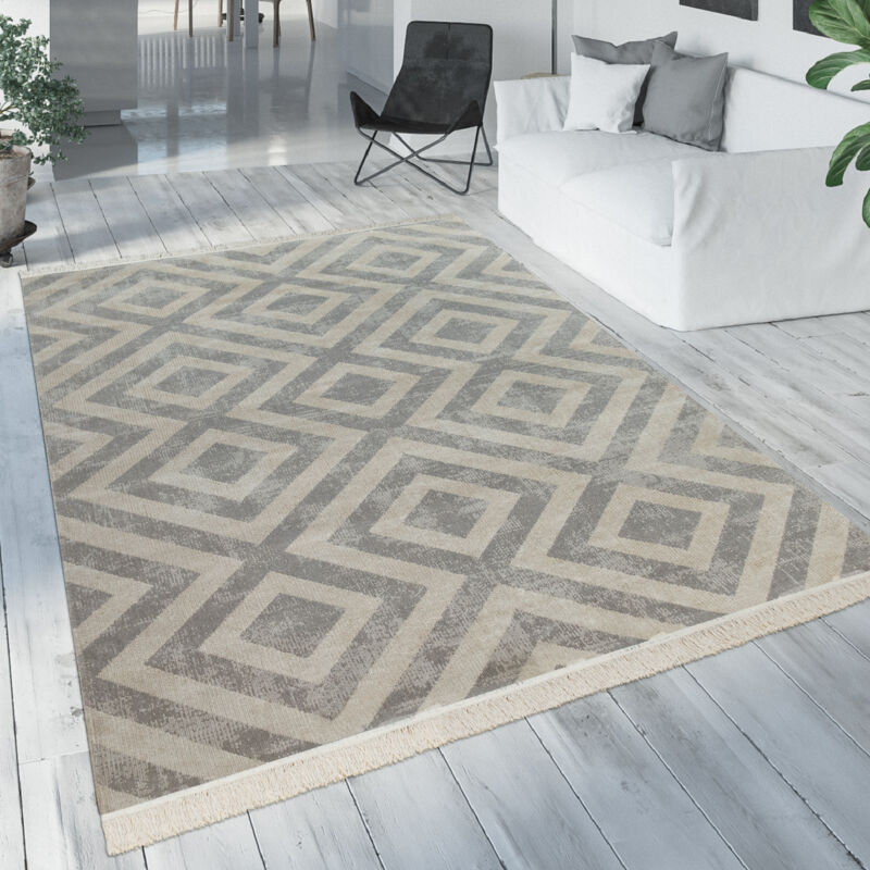 foto del prodotto tappeto scandinavo in grigio per balcone, terrazza o da esterno con motivo a rombi resistente alle intemperie e robusto 160 cm tondo paco home