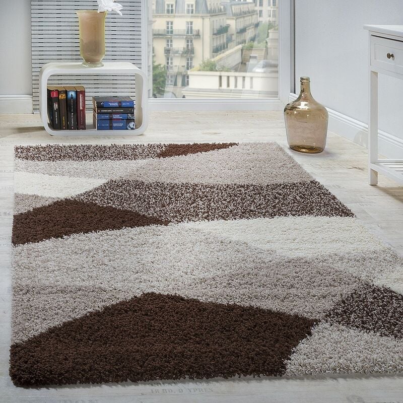 foto del prodotto tappeto shaggy a pelo alto a pelo lungo decorato nei colori grigio marrone bianco 70x250 cm paco home