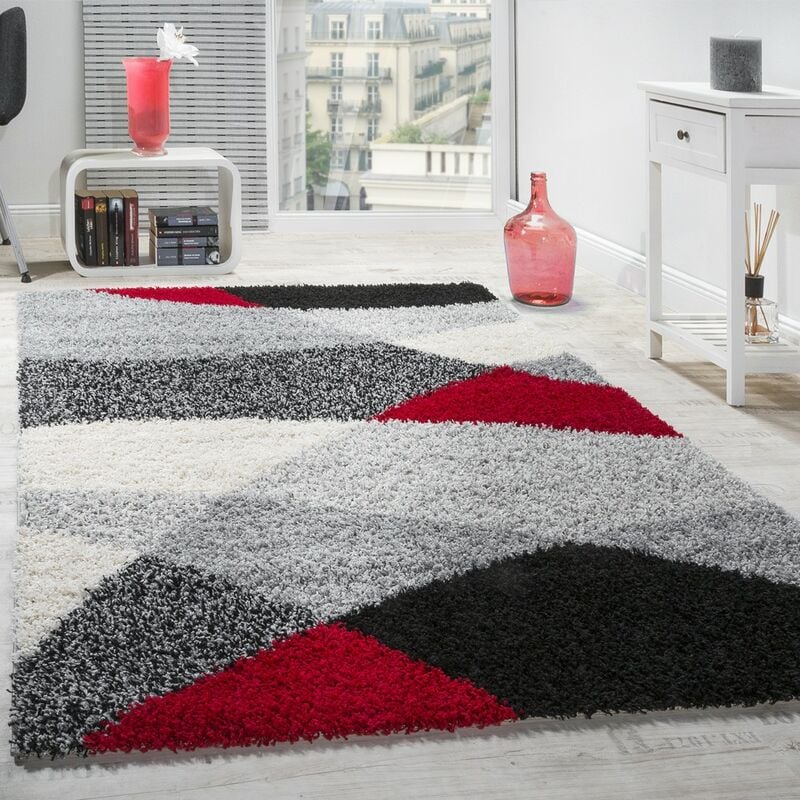 foto del prodotto tappeto shaggy a pelo alto a pelo lungo decorato nei colori grigio nero bianco 160x220 cm, rosso paco home