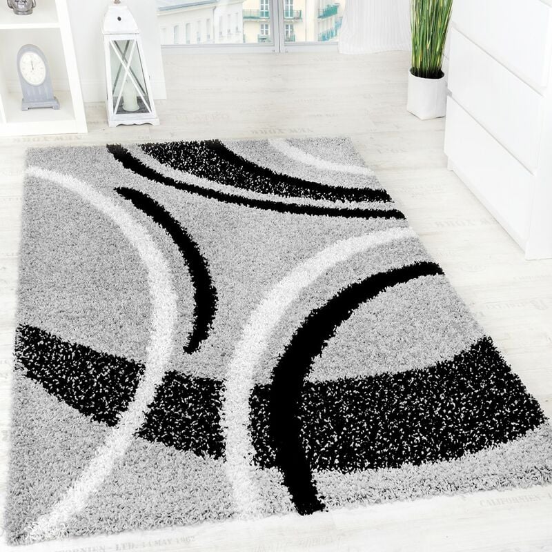foto del prodotto tappeto shaggy a pelo alto a pelo lungo decorato nei colori grigio nero bianco 70x140 cm paco home