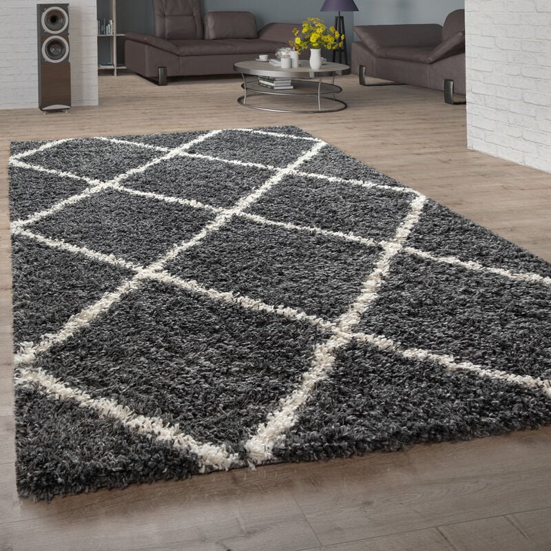 foto del prodotto tappeto shaggy a pelo lungo per soggiorno, con design scandinavo e rombi in grigio scuro 140x200 cm paco home