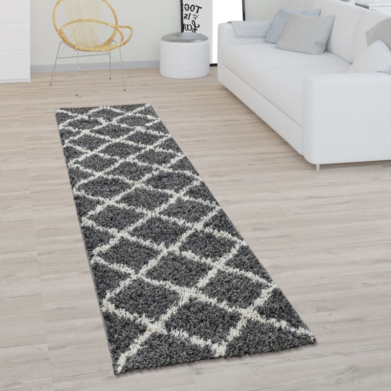 foto del prodotto tappeto shaggy a pelo lungo per soggiorno, con design scandinavo e rombi in grigio scuro 60x100 cm paco home