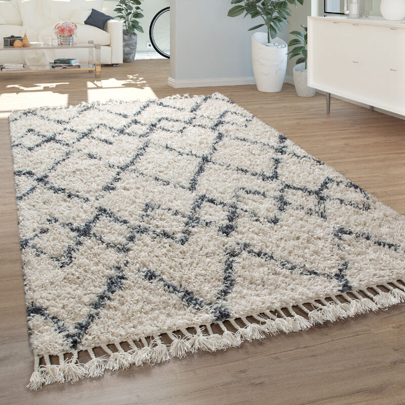 foto del prodotto tappeto shaggy a pelo lungo per soggiorno, moderno, con motivo di quadri e rombi, in crema e blu 60x100 cm paco home