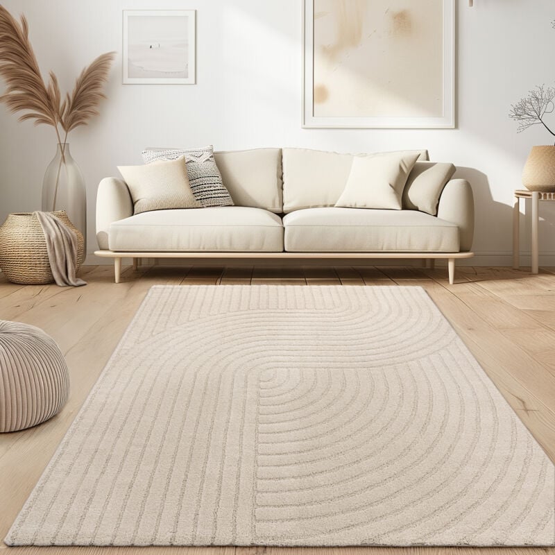 foto del prodotto tappeto soggiorno a pelo corto scandi japandi boho motivo astratto 3d uni crema 80x150 cm paco home