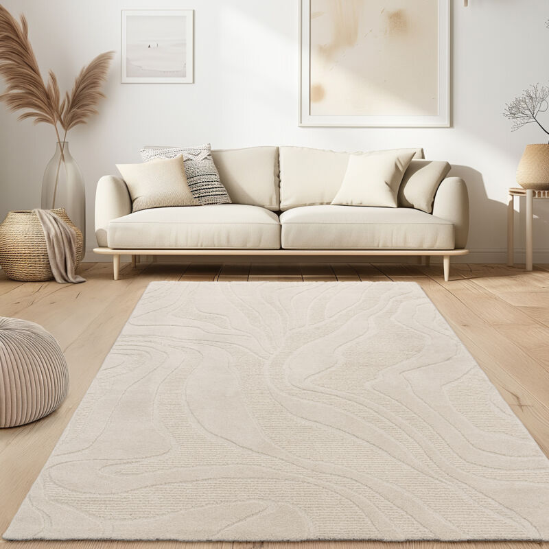 foto del prodotto tappeto soggiorno a pelo corto scandi japandi boho motivo astratto 3d uni crema 80x150 cm paco home