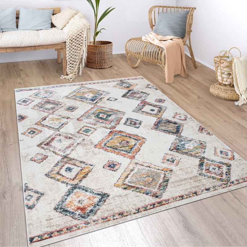 foto del prodotto tappeto soggiorno boho etnico marocchino moderno pelo corto con struttura beige 80x150 cm, multicolore 2 paco home