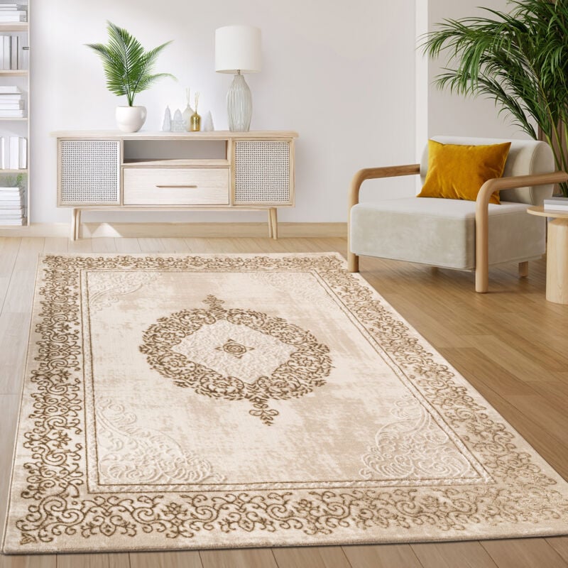 foto del prodotto tappeto soggiorno camera da letto a pelo corto motivo astratto orientale vintage beige bianco 80x150 cm paco home