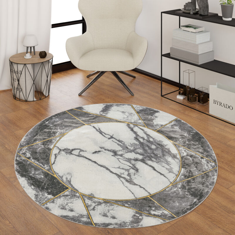 foto del prodotto tappeto soggiorno grigio oro grigio border marmo 3 d modello di marmo resistente pile breve e resistente 120 cm tondo paco home