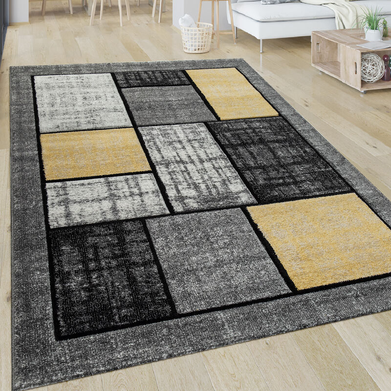 foto del prodotto tappeto soggiorno motivo a quadretti moderno a pelo corto quadrati in giallo grigio bianco 60x100 cm paco home