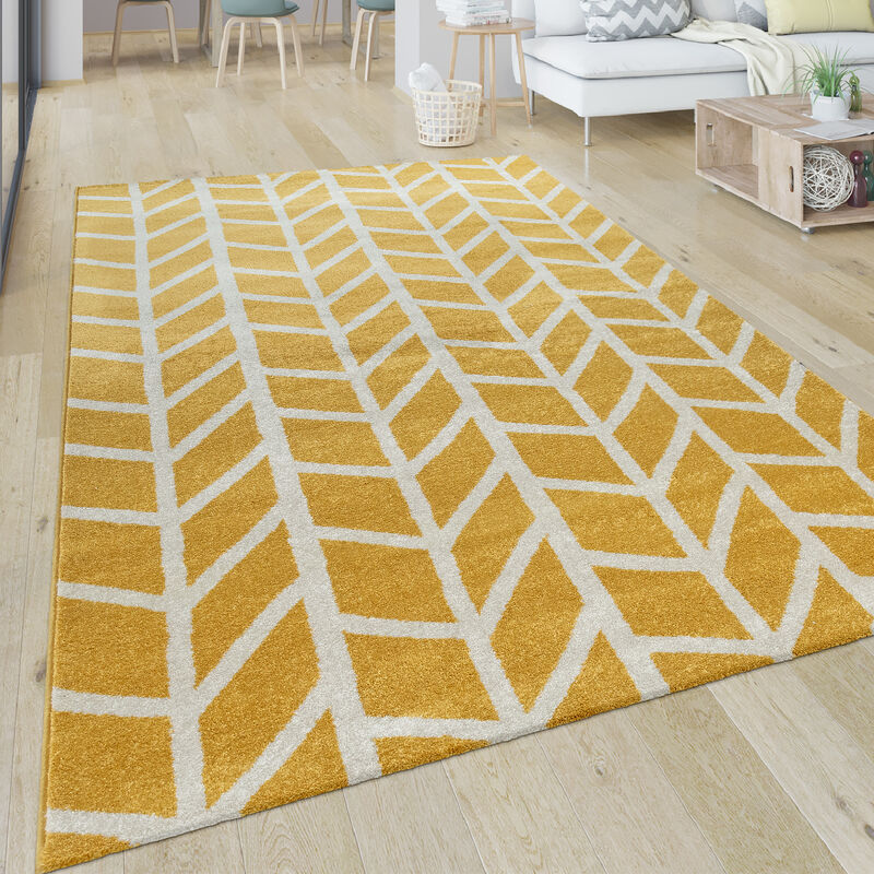 foto del prodotto tappeto soggiorno motivo geometrico moderno a pelo corto a strisce in giallo bianco 60x100 cm paco home