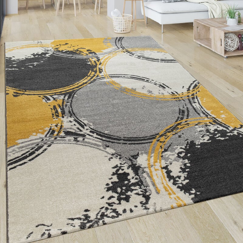 foto del prodotto tappeto soggiorno motivo moderno a pelo corto astratto cerchi in giallo grigio bianco 80x300 cm paco home