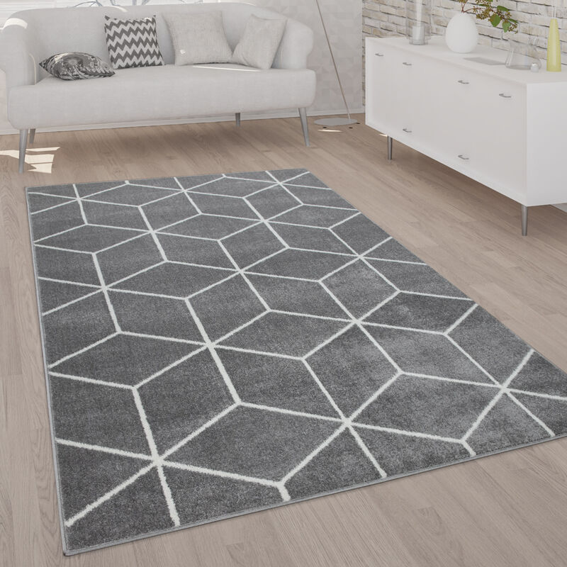 foto del prodotto tappeto soggiorno pelo corto moderno scandinavo motivo diamante grigio bianco grigio, 240x320 cm paco home