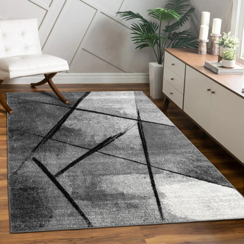 foto del prodotto tappeto soggiorno pelo corto motivo moderno astratto geometrico grigio nero 80x150 cm paco home