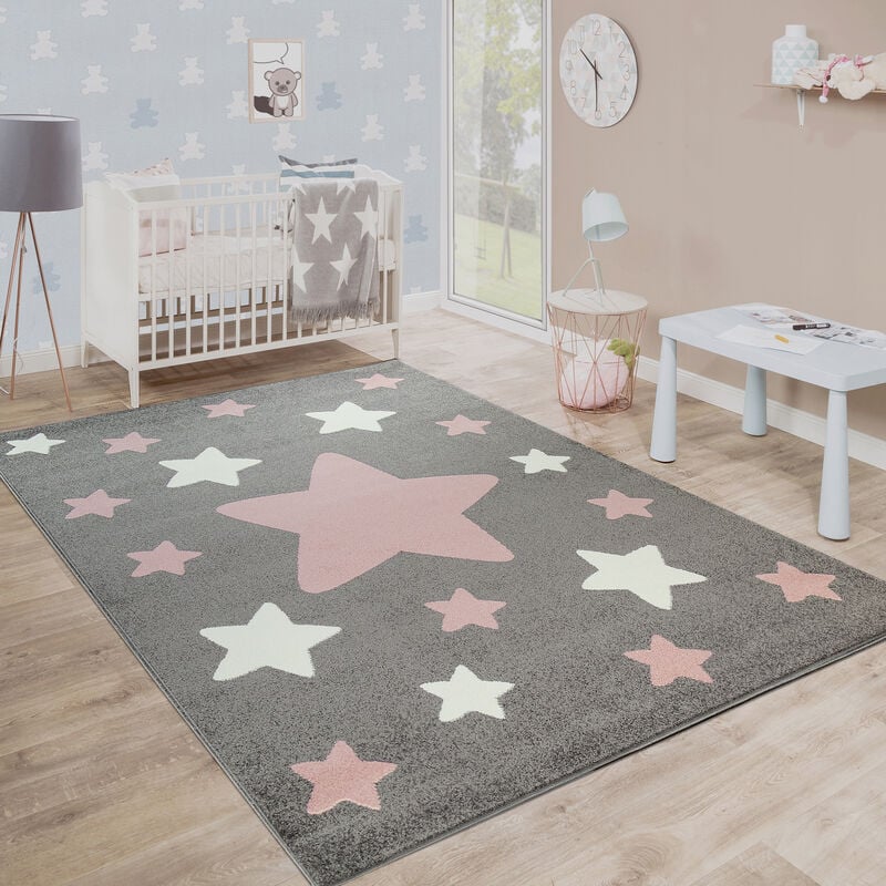 foto del prodotto tappeto stanza dei bambini tappeto per bambini grandi e piccole stelle in grigio rosa 140x200 cm paco home