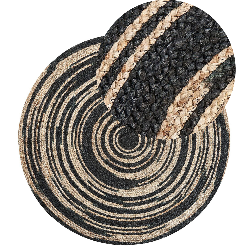 foto del prodotto tappeto tappetino beige nero rotondo 140 cm boho rustico spirale intrecciata juta soggiorno camera da letto corridoio