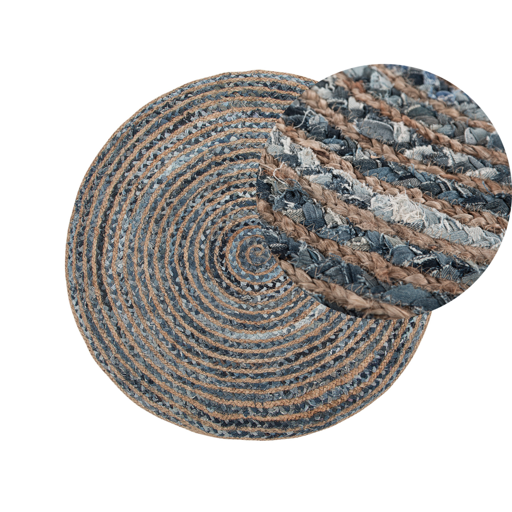 foto del prodotto tappeto tappetino iuta blu rotondo boho soggiorno 120 cm stile moderno