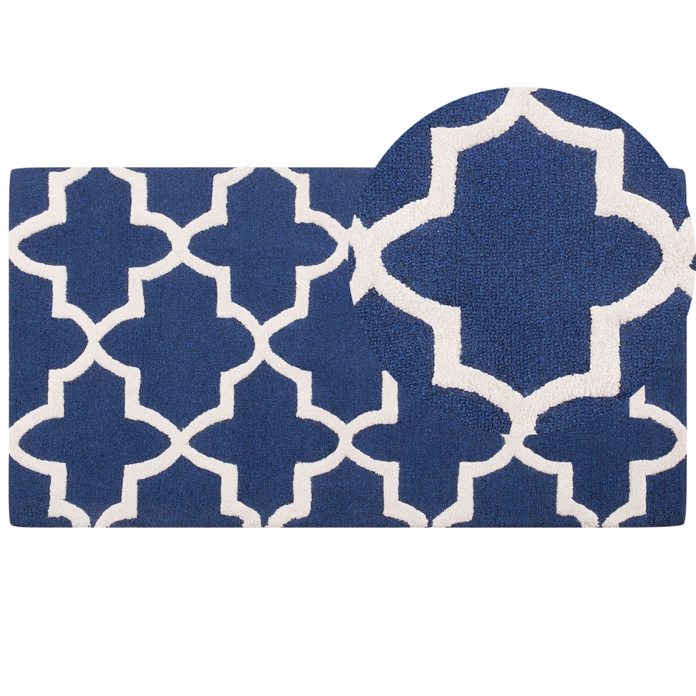 foto del prodotto tappeto tappetino lana blu 80 x 150 cm traliccio motivo quadrifoglio trapuntato a mano orientale trifoglio marocchino