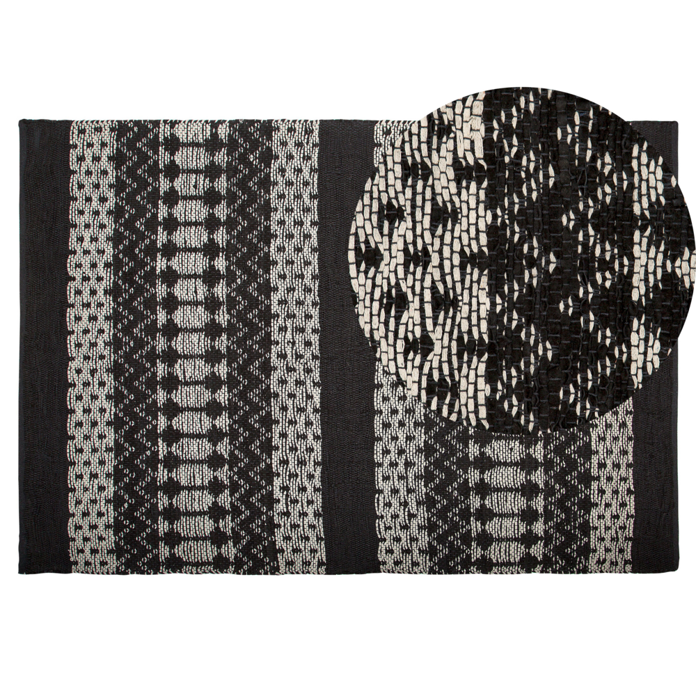 foto del prodotto tappeto tappetino nero con rettangolo bianco 140 x 200 cm moderno contemporaneo telato a mano in pelle di cotone fatto a mano