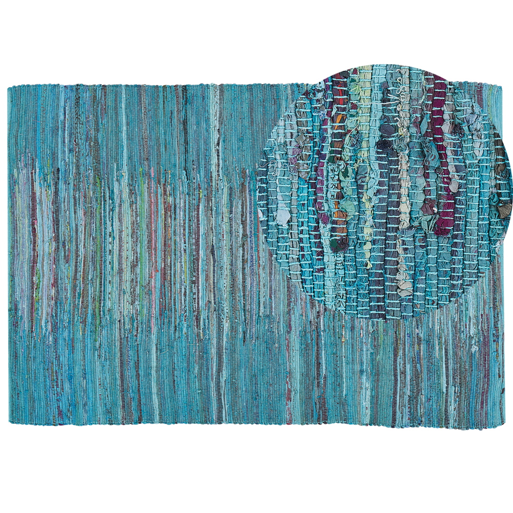 foto del prodotto tappeto tappetino rag blu turchese strisce cotone 160 x 230 cm rettangolare tessuto a mano