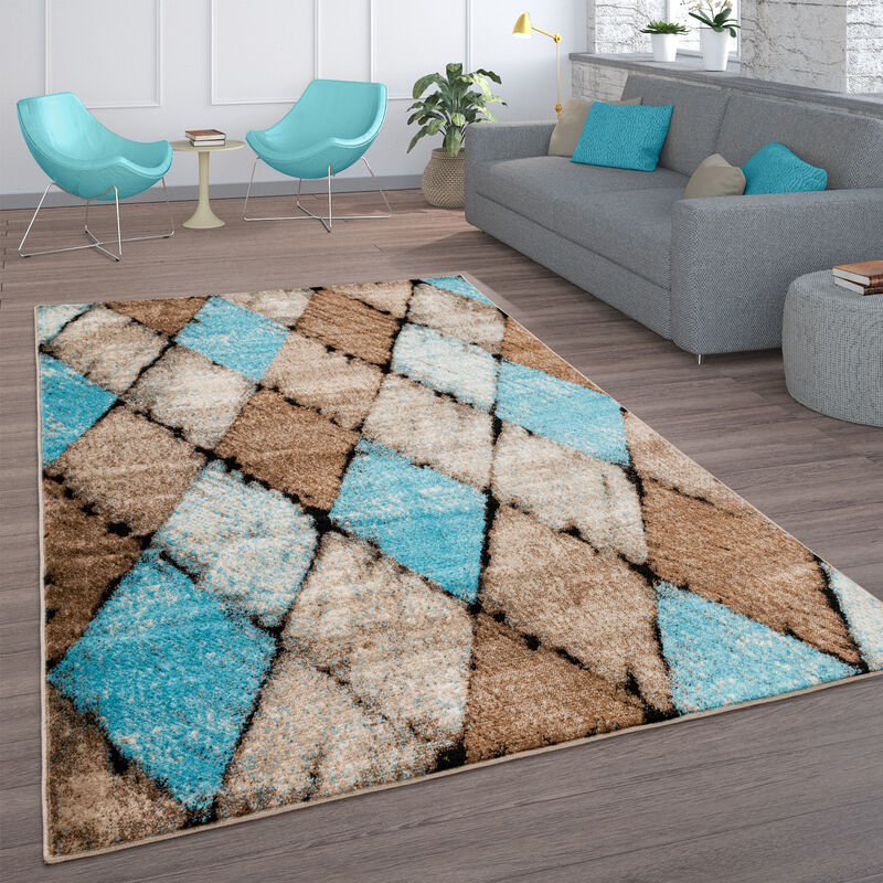 foto del prodotto tappeto vintage a pelo corto per soggiorno, marocchino, rombi, turchese marrone 160x220 cm, beige 2 paco home