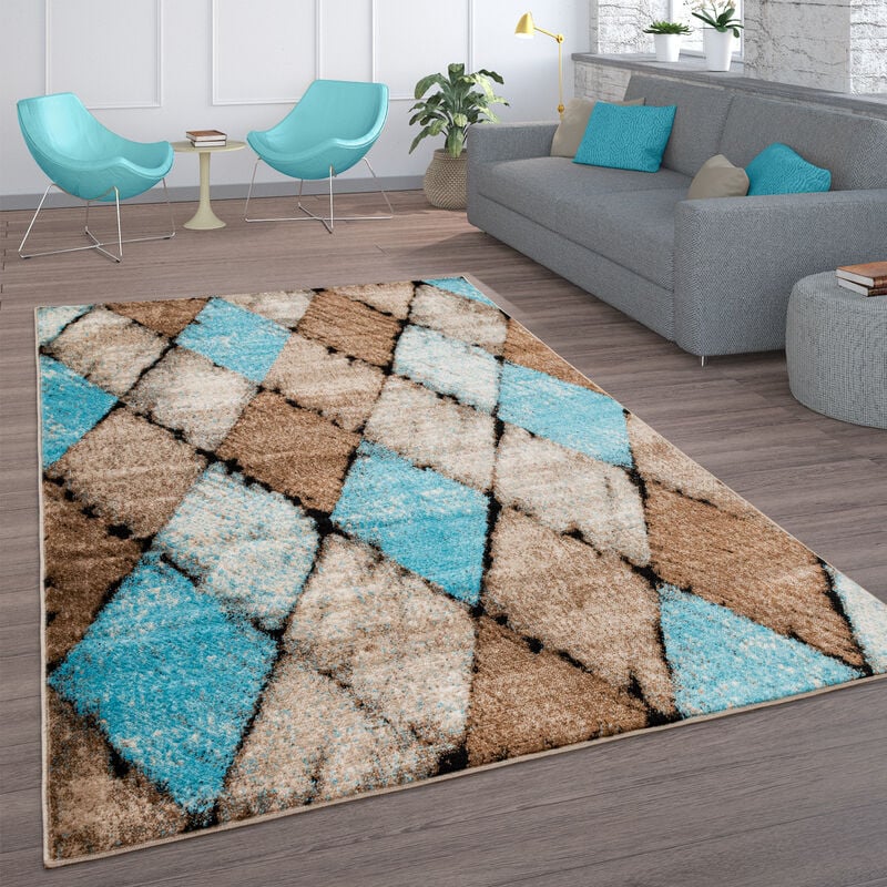 foto del prodotto tappeto vintage a pelo corto per soggiorno, marocchino, rombi, turchese marrone 60x100 cm, beige 2 paco home