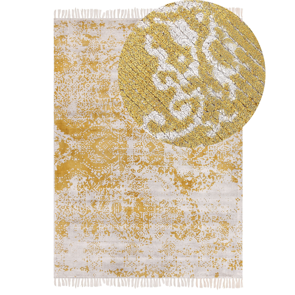 foto del prodotto tappeto viscosa giallo beige 140 x 200 cm orientale invecchiato soggiorno camera da letto