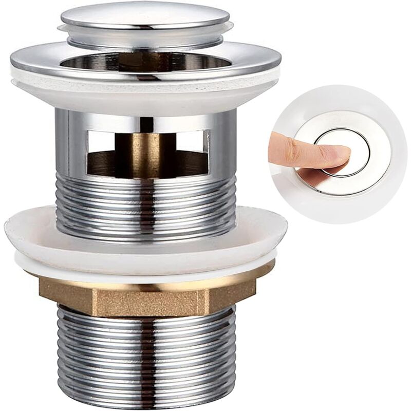 foto del prodotto tappo per lavandino, tappo per lavandino sistema di scarico a scomparsa tappo click clack con troppopieno tappo di scarico universale, cromato