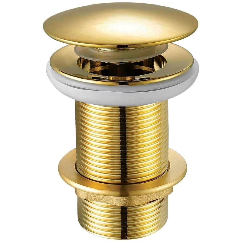 foto del prodotto tappo per lavandino ymyny in ottone massiccio senza fessura, a forma di fungo rotondo, con meccanismo click-clack, finitura oro, per bagno e cucina