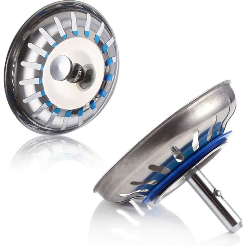 foto del prodotto tappo per lavello in acciaio inox, 2 pezzi tappo filtro lavello in acciaio inox, copertura filtro lavello per cucina e bagno, foro tappo lavello,