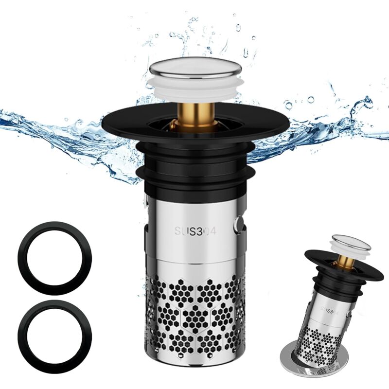foto del prodotto tappo per lavello in acciaio inox, tappo di scarico universale a scomparsa, tappo di scarico migliorato, filtro di scarico anti blocco, con filtro a
