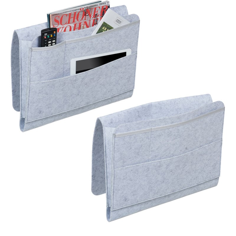 foto del prodotto tasca portaoggetti da letto, set da 2 organizer portatelecomando da divano, 4 scomparti, feltro, grigio chiaro - relaxdays