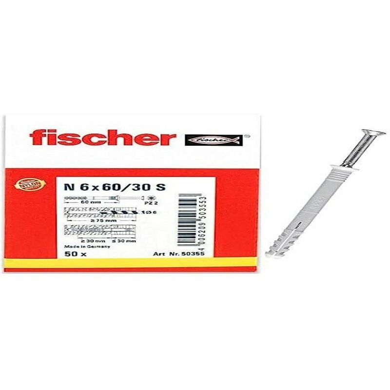 foto del prodotto tasselli per unghie sconosciuti 6 x 60 30 s, tasselli in nylon di alta qualit con vite a testa svasata zincata 50 pz. , tasselli per una tenuta