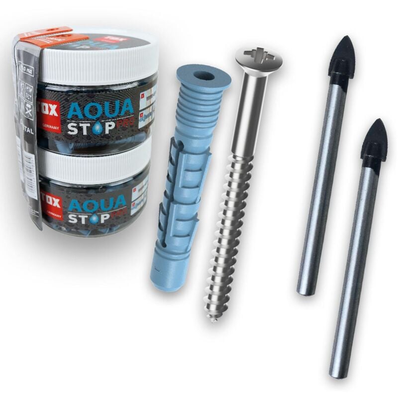 foto del prodotto tasselli universali aqua stop pro 62 pezzi 6x38 8x50 mm vite trapano in scatola tonda