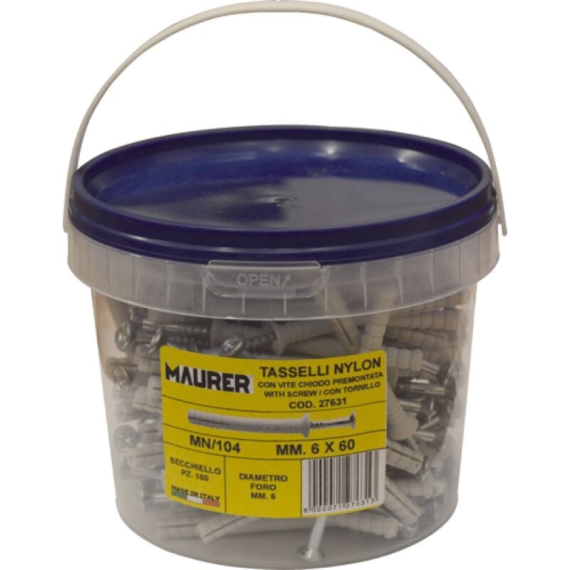 foto del prodotto tassello nylon maurer 6x40 mm secchiello 100 pz con vite a chiodo